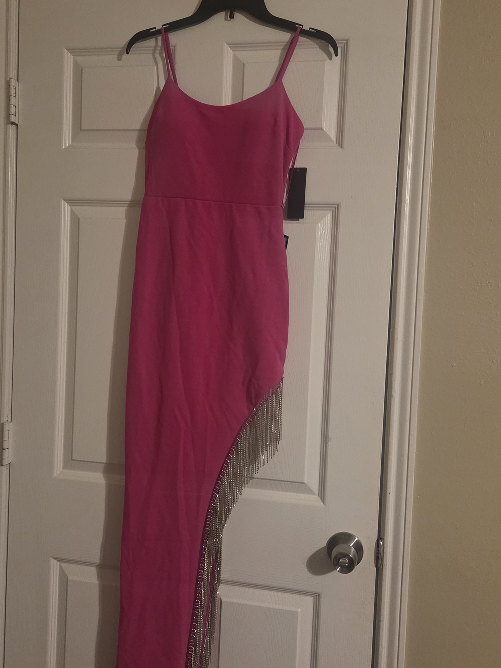 City Studio Hot Pink Asymmetrical Fringe Slip Dress